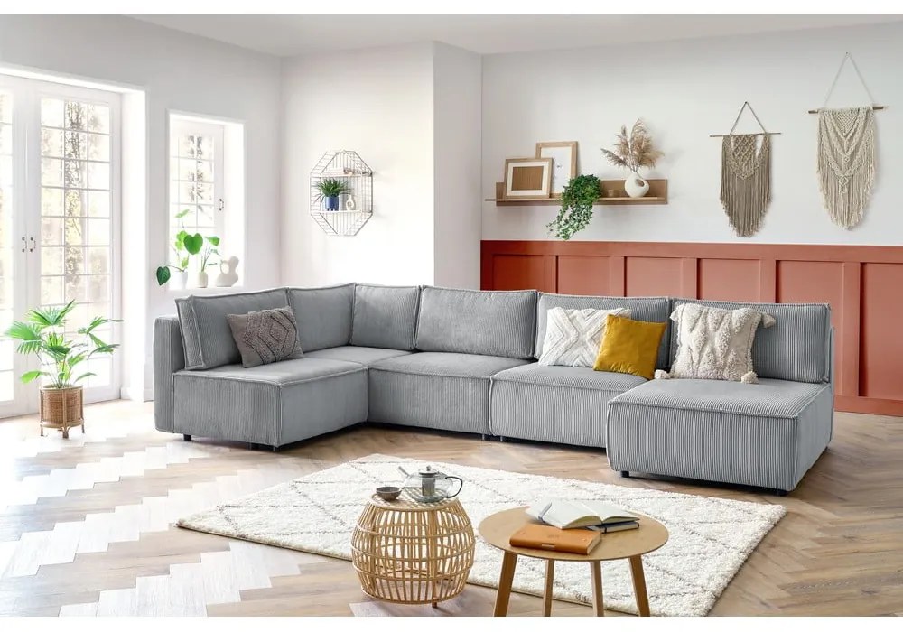 Jasnoszary sztruksowy narożnik (w kształcie litery U/strona zmienna) Nihad modular – Bobochic Paris
