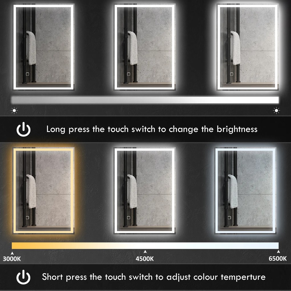 HOMCOM Oświetlenie Łazienkowe LED z Lustrem 80x60cm Bezmgłowe z Przełącznikiem Dotykowym IP44 | Aosom PL