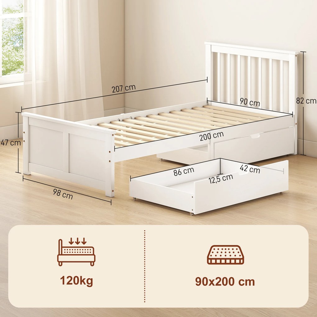 HOMCOM Rama łóżka jednoosobowego, drewniana rama, szuflady na kółkach, bez potrzeby stelaża, 90 x 200 cm, biały