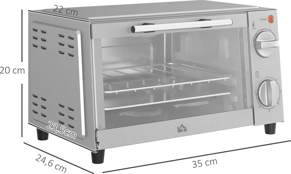 HOMCOM Minipiekarnik 9L, Mini piekarnik z blachą, rusztem, regulowaną temperaturą i czasem pieczenia, stal nierdzewna, srebrny