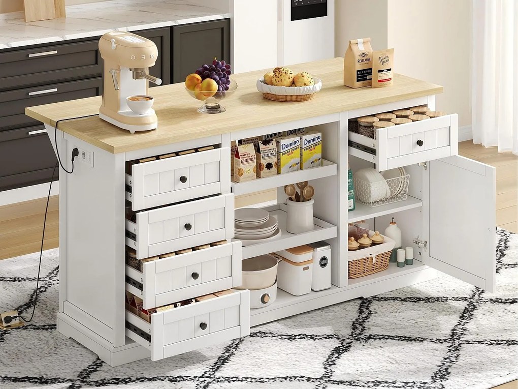 Wyspa kuchenna - z 5 szufladami i 2 wysuwanymi półkami - z gniazdkiem elektrycznym - rozsuwana blata - Naturalny + Biały