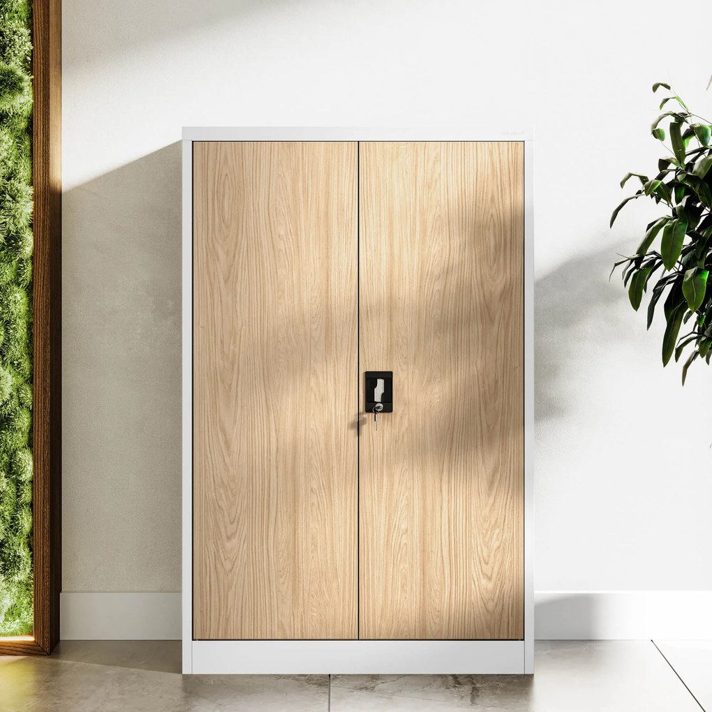 Szafa biurowa metalowa niska z 3 półkami biała/dąb sonoma, 900x1400x400 mm: KEVIN Eco Design