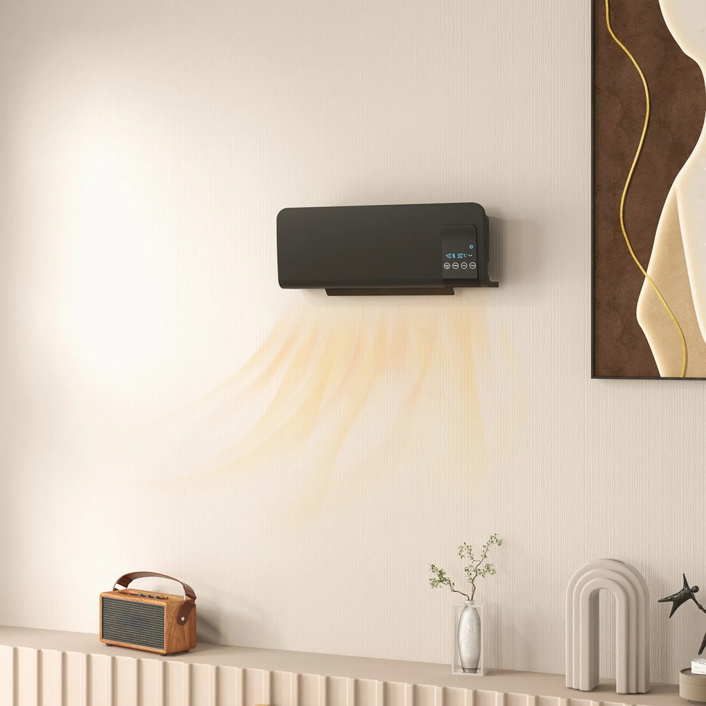 HOMCOM Elektryczny grzejnik, montaż ścienny, funkcja oscylacji, 2 tryby, timer, wyświetlacz LED, czarny | Aosom PL