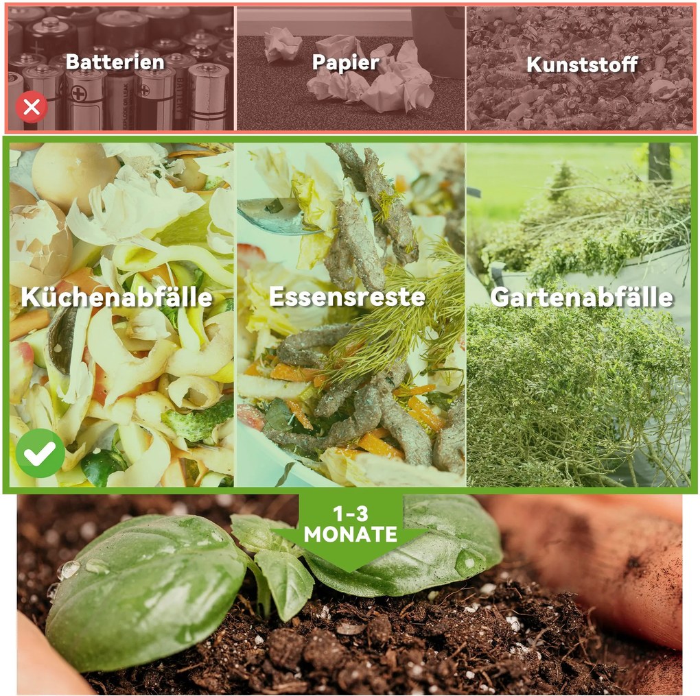 Outsunny Kompostownik 130 L, 67 x 60 x 77 cm, szybki kompostownik z tworzywa sztucznego z systemem wentylacyjnym do ogrodu, kuchni | Aosom PL