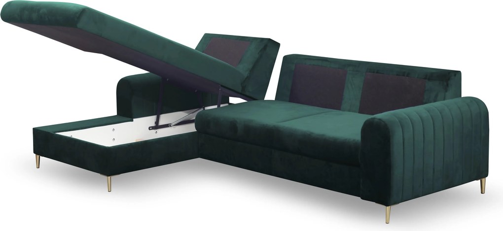 Masseno Narożnik VERONA z funkcją spania i pojemnikiem na pościel, Rozkładana sofa - Zielony, VELLUTO JUNGLE GREEN 27