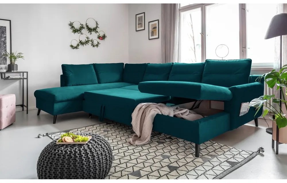 Turkusowa aksamitna rozkładana sofa w kształcie litery "U" Miuform Stylish Stan, lewostronna