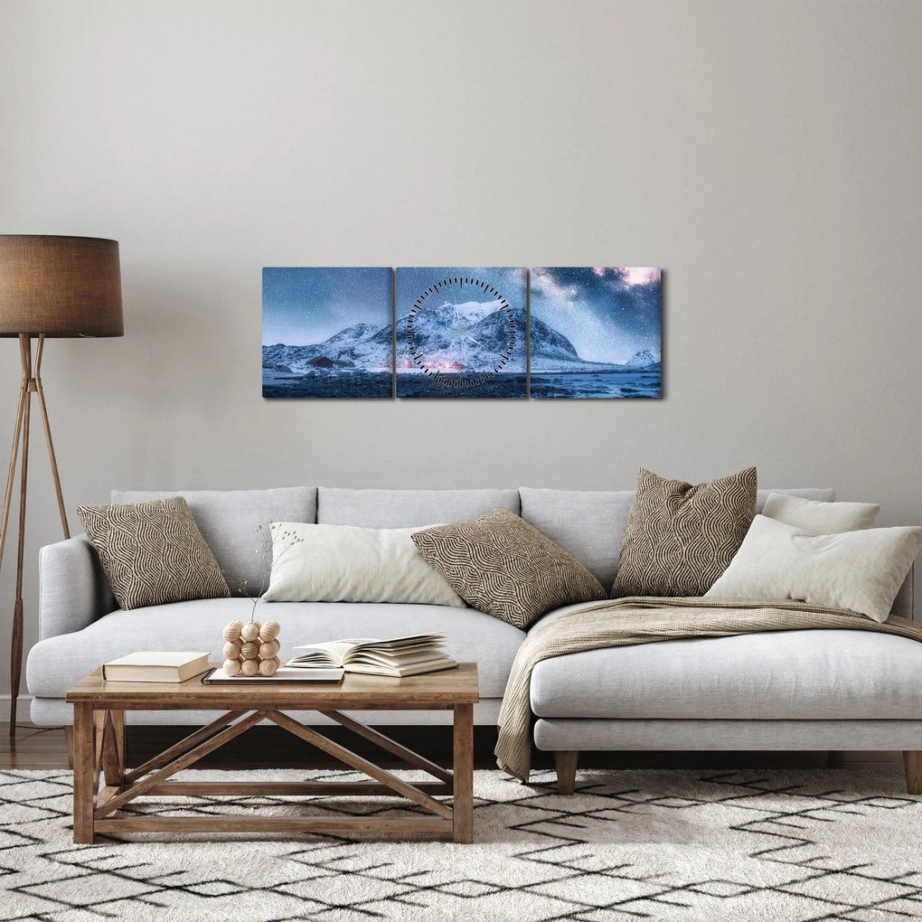 Obraz gór z gwieździstym niebem (z zegarem) (90x30 cm)