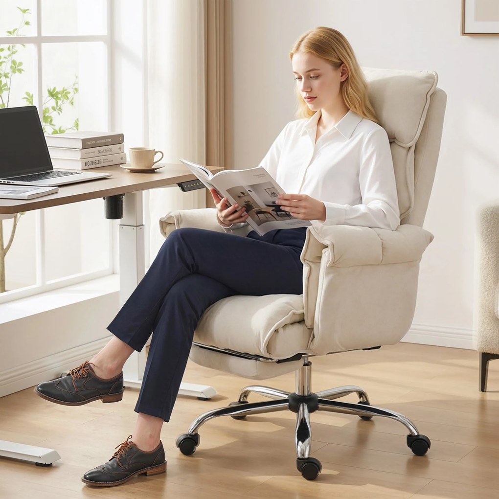 HOMCOM Fotel biurowy regulowany obrotowy z podparciem lędźwiowym, podnóżkiem, śnieżnym flanellem, 80 x 80 x 106-114 cm Cremeweiß | Aosom PL