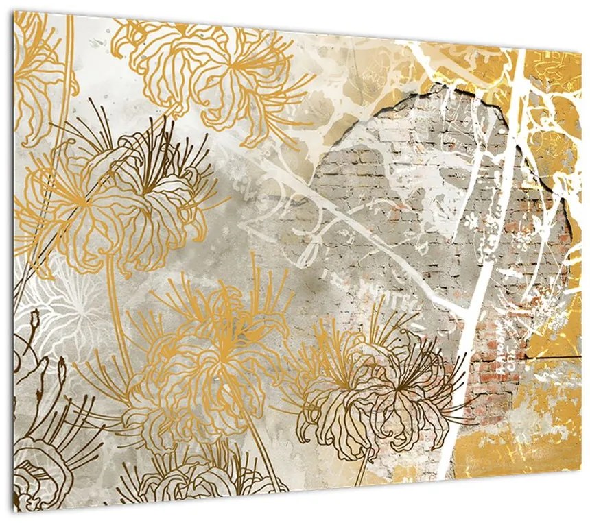 Obraz - Ściana w stylu vintage z kwiatami (70x50 cm)