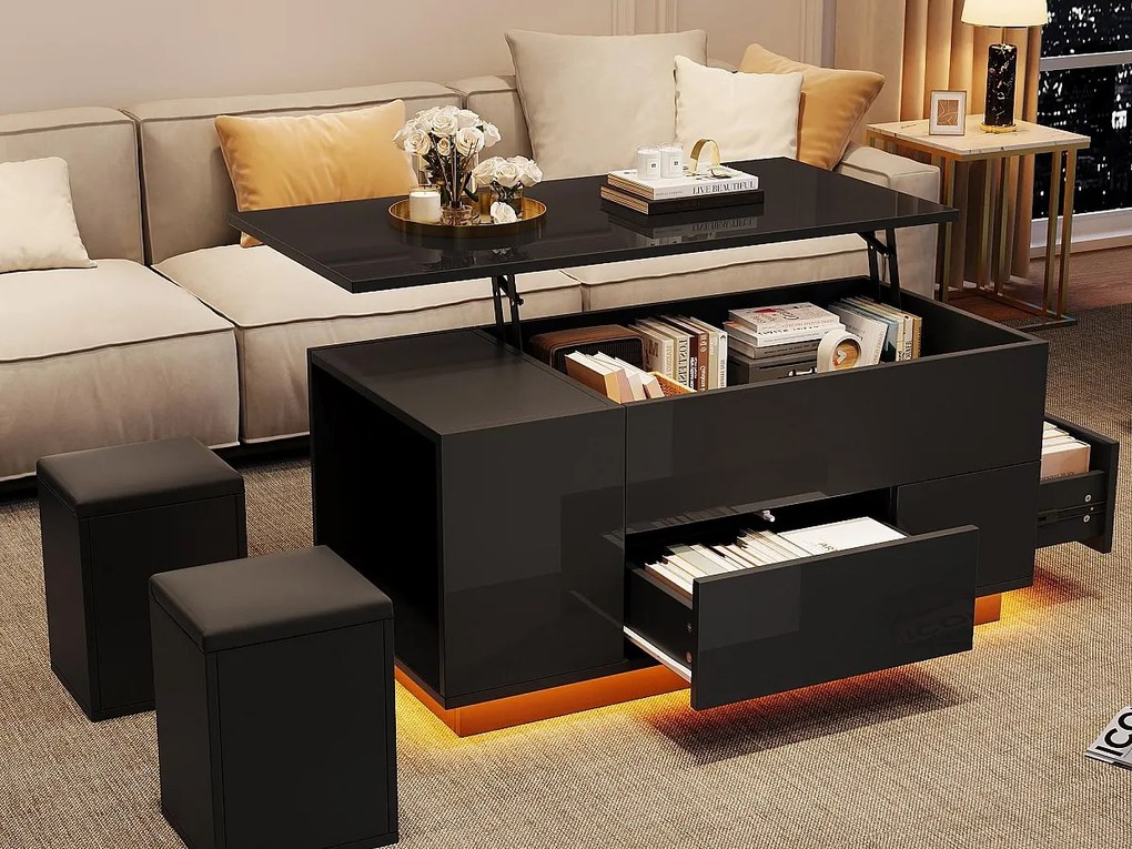 Regulowany stolik kawowy 100×50×45 cm - z oświetleniem LED - wykończenie błyszczące - z 2 szufladami i 2 stołeczkami - czarny