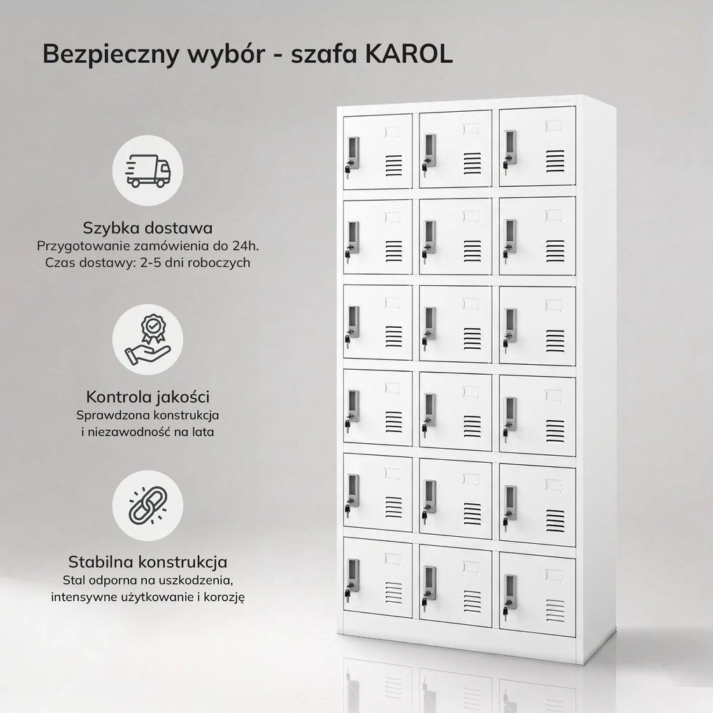 Szafka pracownicza skrytkowa 18-skrytkowa biała, 900x1850x400 mm: KAROL