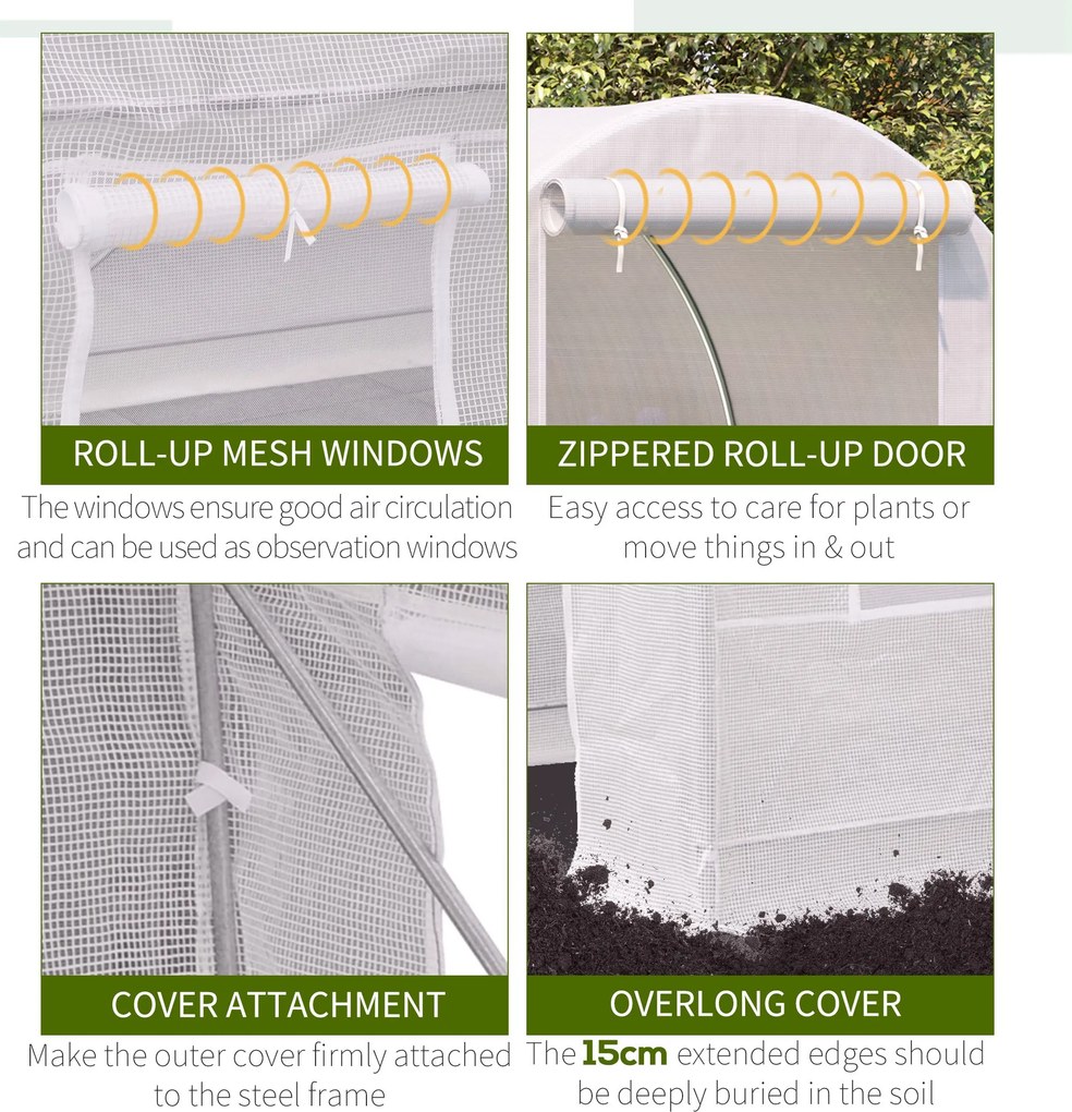 Outsunny Szklarnia Tunelowa Ogrodnicza Biała Praktyczna i Wytrzymała 245x200x200cm | Aosom PL