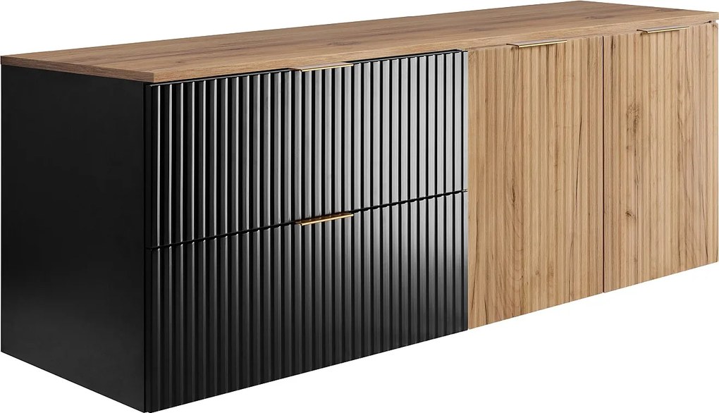 Zestaw łazienkowy: szafka z szufladami i szafka z drzwiami 57×46×160 cm, kolor: czarny / Dąb Craft/ blat Dąb Craft/, uchwyt złoty