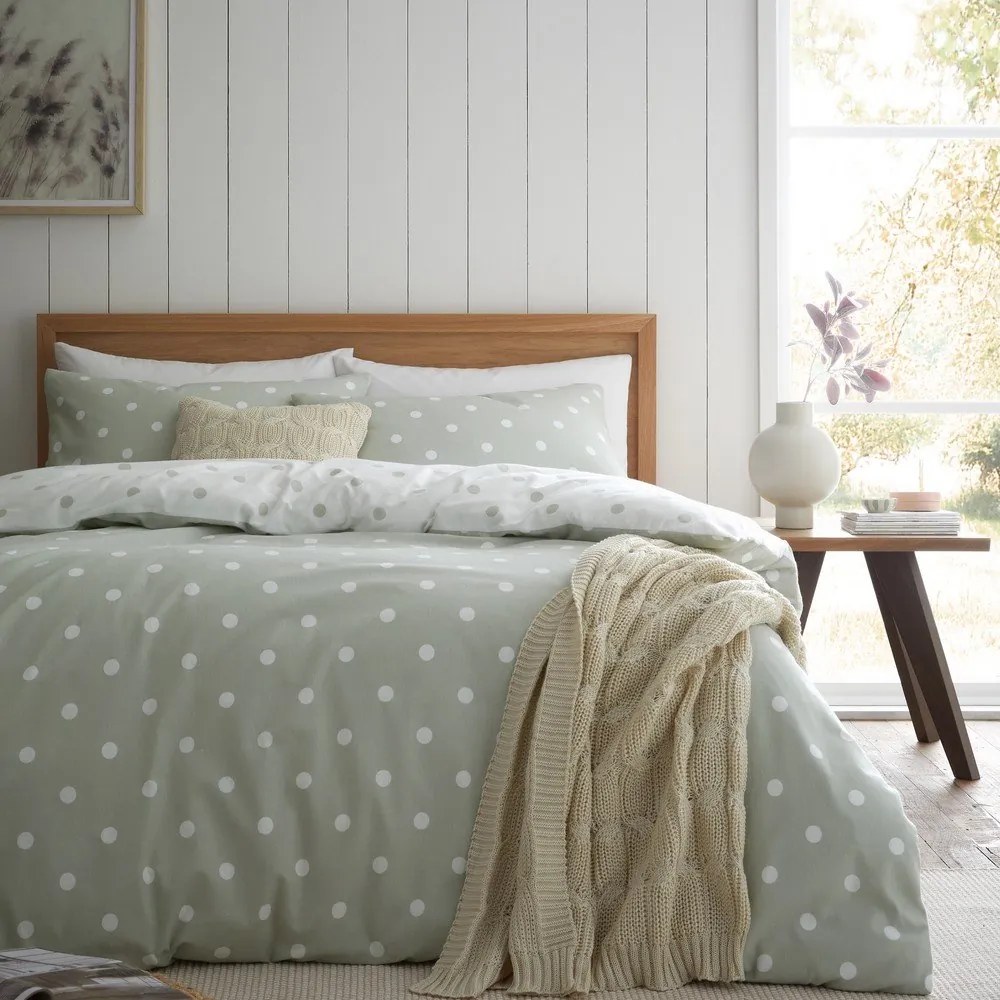 Biało-zielona flanelowa pościel dwuosobowa 230x220 cm Polka Dot – Catherine Lansfield