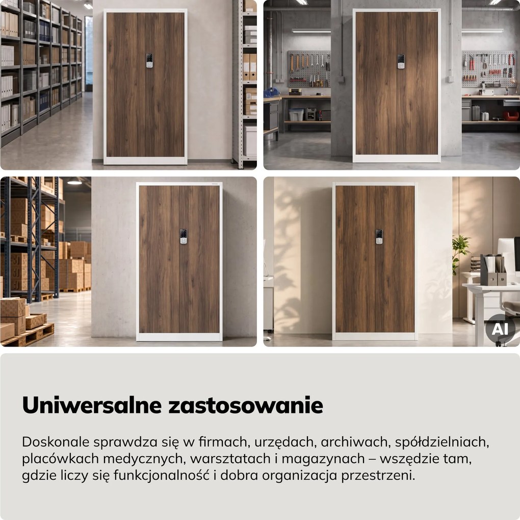 Szafa biurowa metalowa z zamkiem na szyfr biała/orzech, 900x1850x400 mm: DANIEL Eco Design
