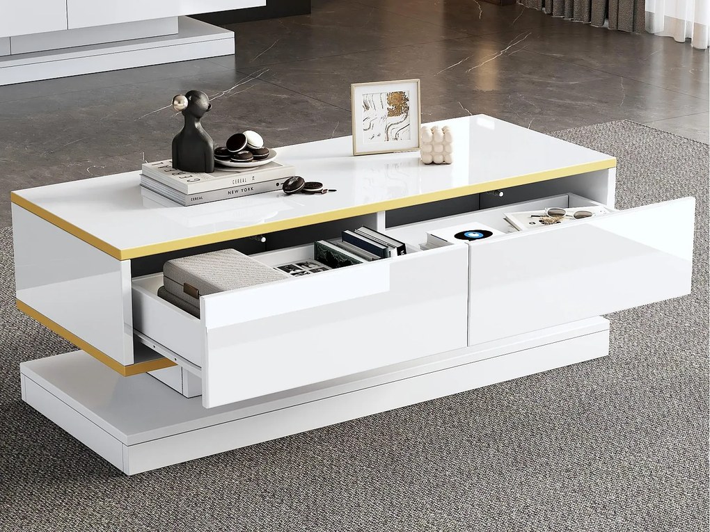 Stolik kawowy wysokiego połysku 100×50×38 cm - 2 szuflady - wykończenie złote - płyta wiórowa - biały