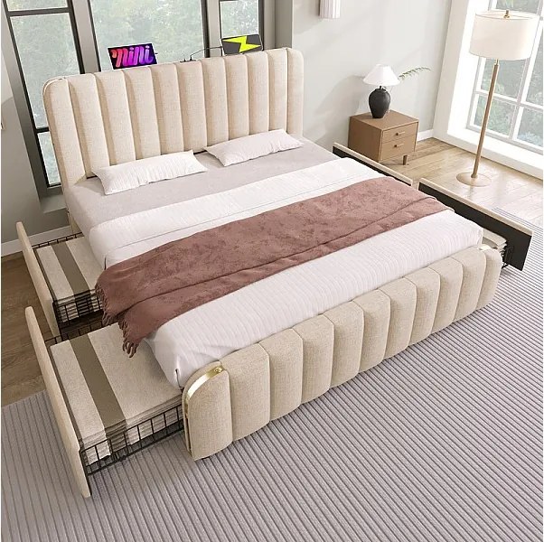 Podwójne łóżko 180x200cm w beżowym lnie, z 4 szufladami + USB i Typ C, max. obciążenie 226 kg (bez materaca)