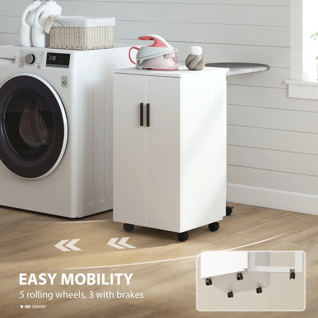 HOMCOM 2-w-1 składana szafka na deskę do prasowania na kółkach z deską do prasowania i regulowaną półką do małych pomieszczeń, Biała | Aosom PL