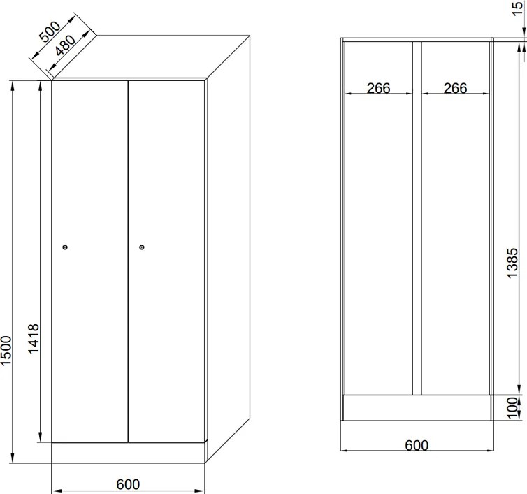 Szafka ubraniowa S1 obniżona, 2-drzwiowa, 1500 x 600 x 500 mm, demontaż, zamek obrotowy, drzwi ciemnoszare