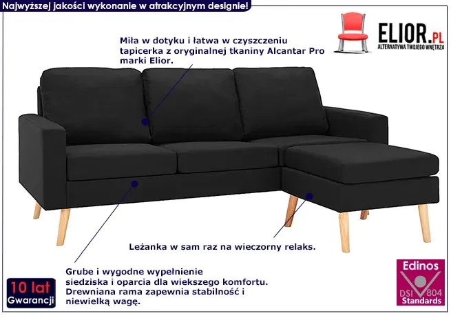 3-osobowa czarna sofa z podnóżkiem - Muria 4Q