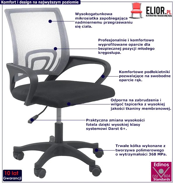 Szary młodzieżowy fotel obrotowy do biurka - Vexa