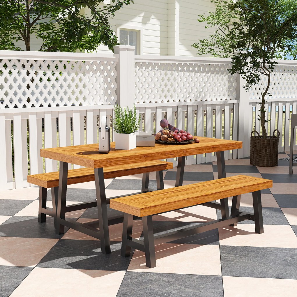 Outsunny 3-elementowy zestaw mebli jadalnianych z drewna dla 4 osób Stół i 2 ławki Teak