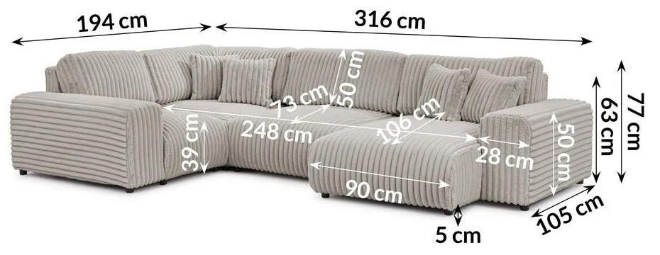 Jasnoszary sztruksowy narożnik (lewostronny/w kształcie litery U) Justin – Ropez