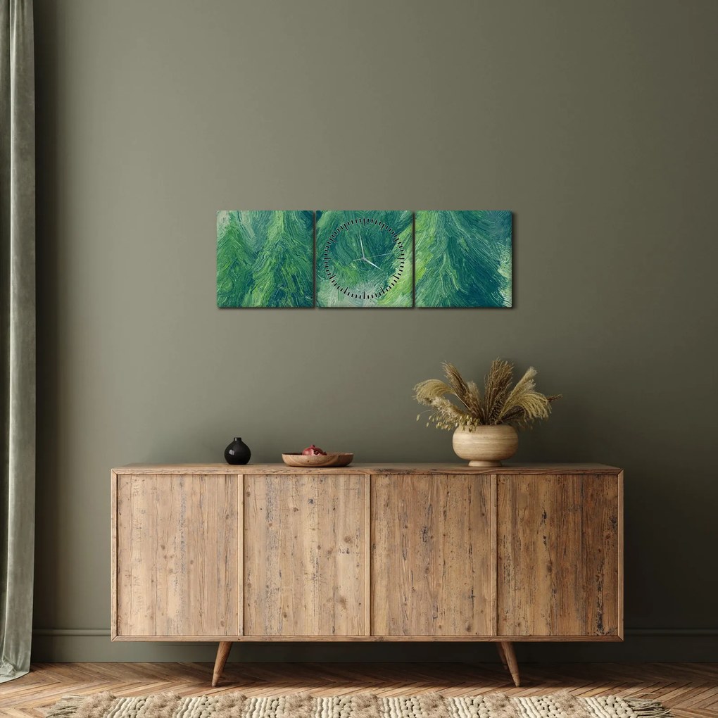 Obraz - Malowane drzewa iglaste (z zegarem) (90x30 cm)
