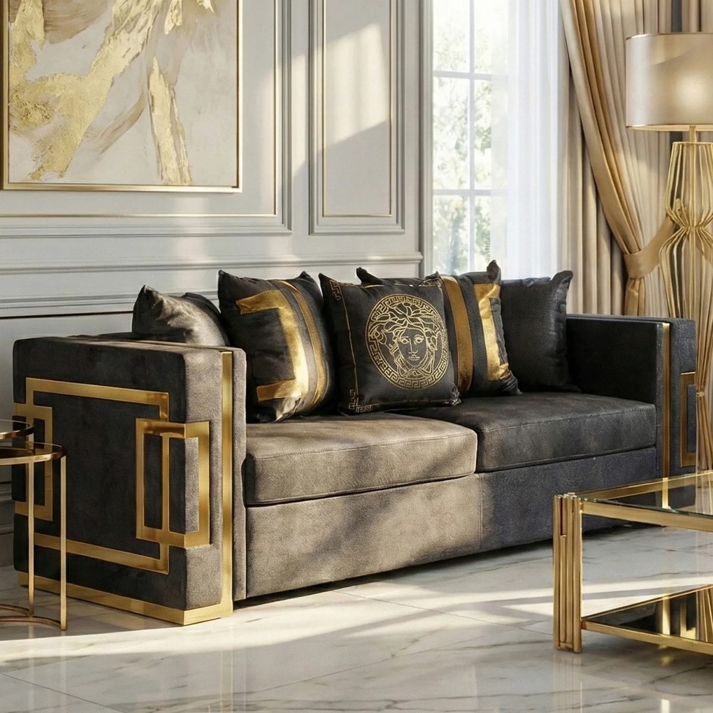 Sofa PALLAZO 3S Trzyosobowa Czarno/Złota Welurowa Nowoczesna Glamour