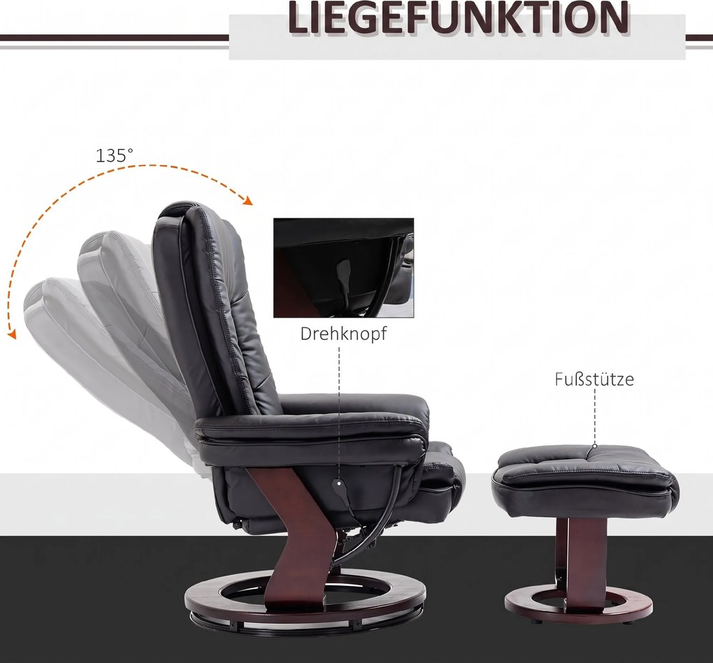 HOMCOM Fotel relaksacyjny z podnóżkiem, fotel rozkładany, obrotowy, odchylane oparcie, wygląd skóry, do 130 kg, czarny | Aosom PL