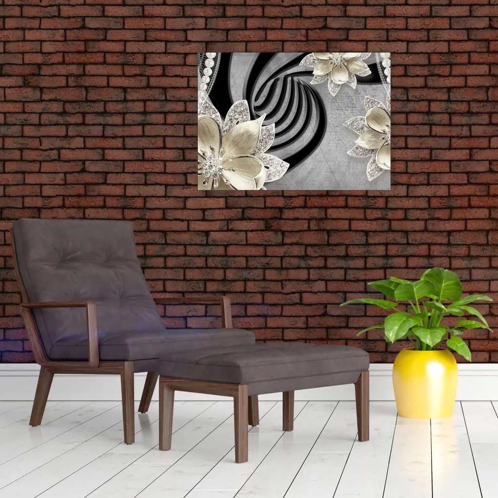 Obraz na szkle - 3D złote kwiaty (70x50 cm)