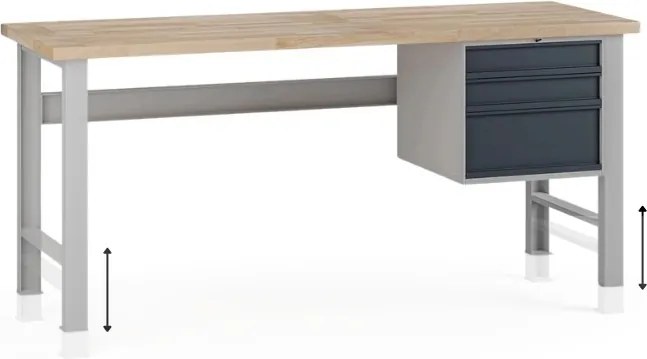 Stół warsztatowy z regulacją wysokości G7, blat bukowy, 2000 x 800 x 840-1040 mm, 1x kontener, 3x szuflada, grafitowy