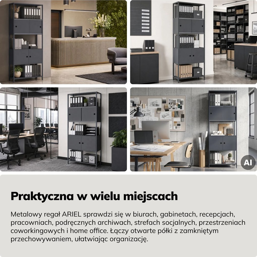 Regał na segregatory z szafką zamykaną, biurowy, otwarte półki, metalowy antracytowy, 800x2200x400 mm: ARIEL