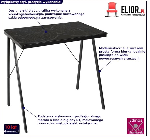 Czarne szklane biurko loft - Tekko