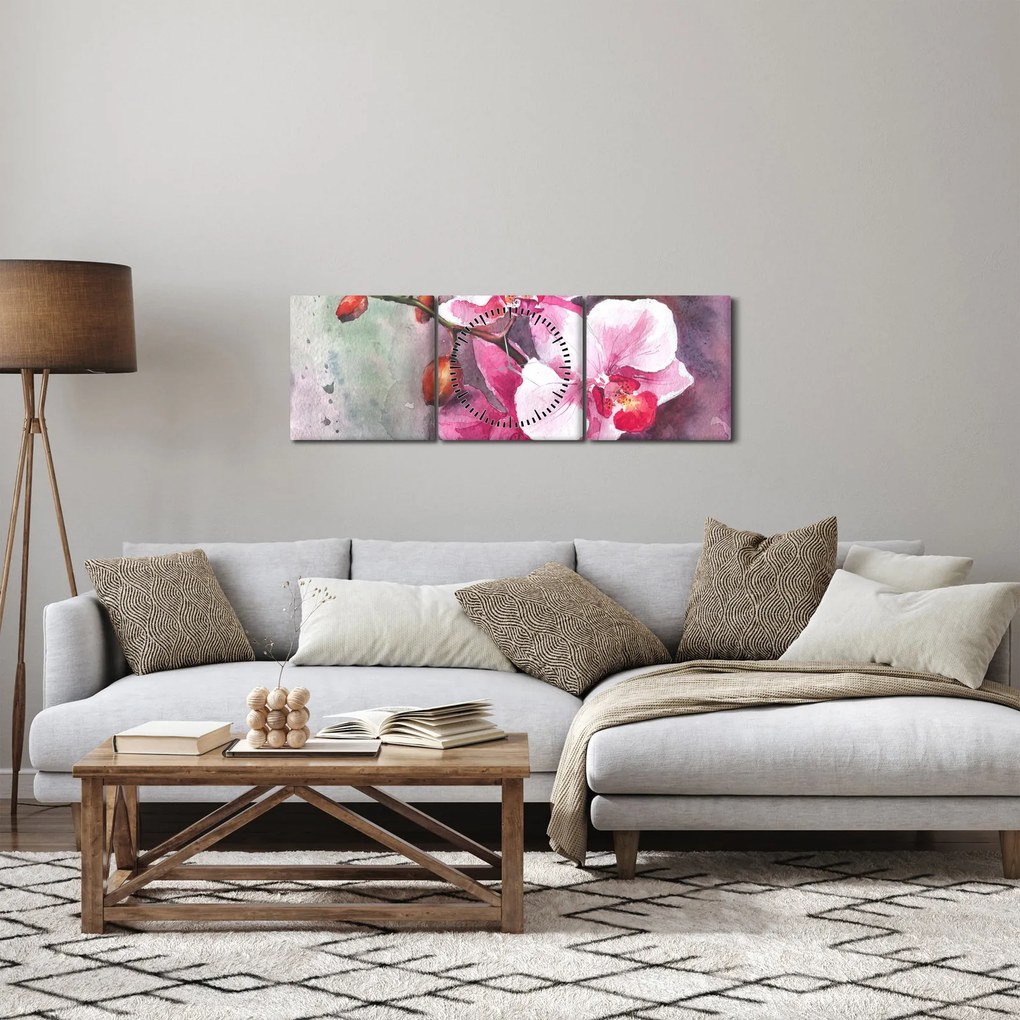 Obraz - Orchidee, akwarela (z zegarem) (90x30 cm)