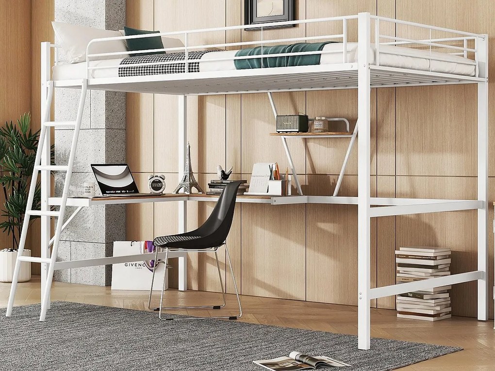 Łóżko mezzanine z metalu - 90x200cm - z biurkiem narożnym i półką - Białe