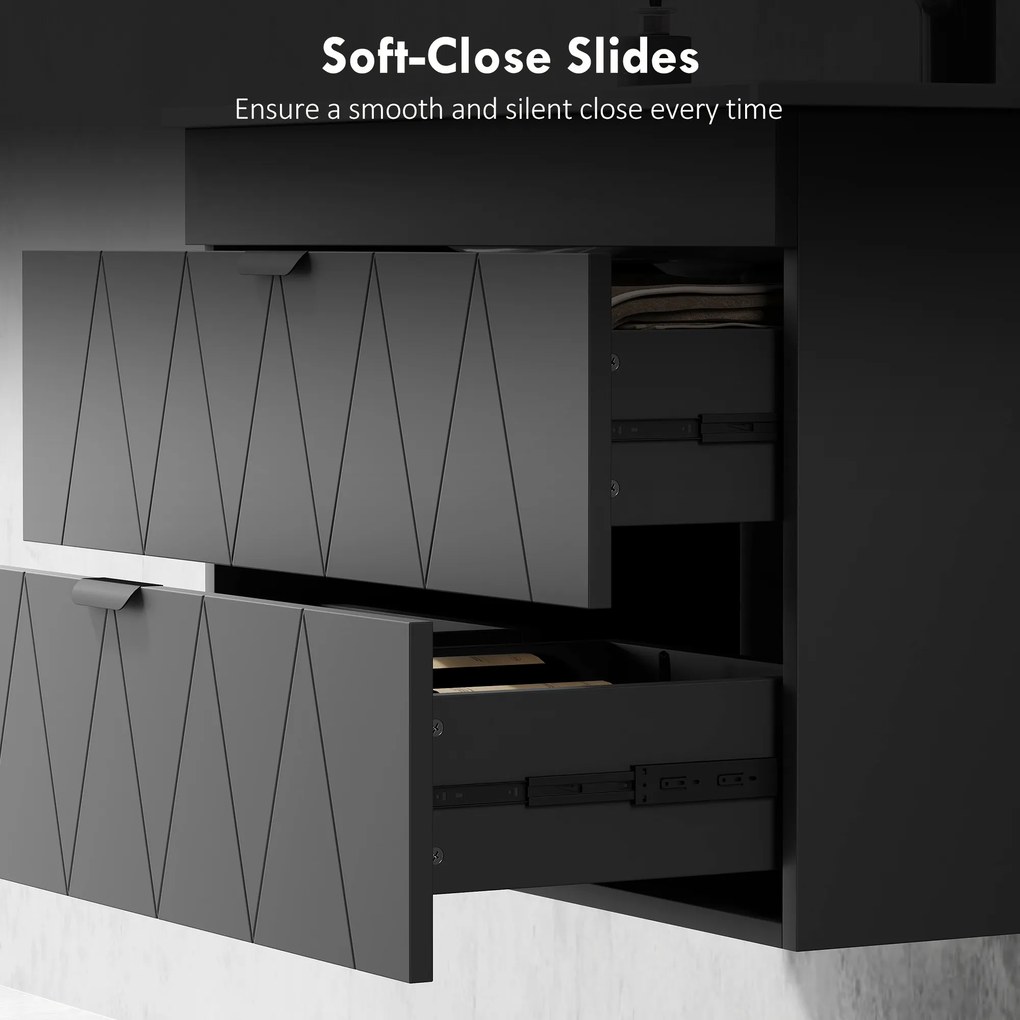 HOMCOM Szafka pod umywalkę Wisząca szafka z ceramiczną umywalką, Szuflady Soft-Close, Czarna