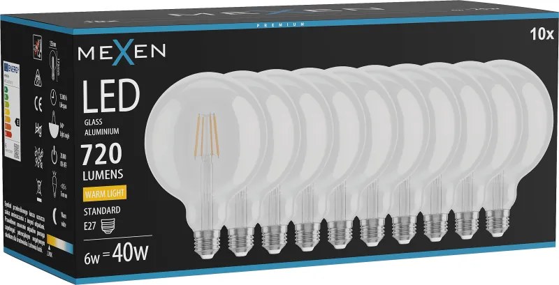 Mexen Vintis 10x żarówka filament LED E27, G125, 6W, Ciepła - 2700K, 720 lm, clear - L158-E27-0627-00x10