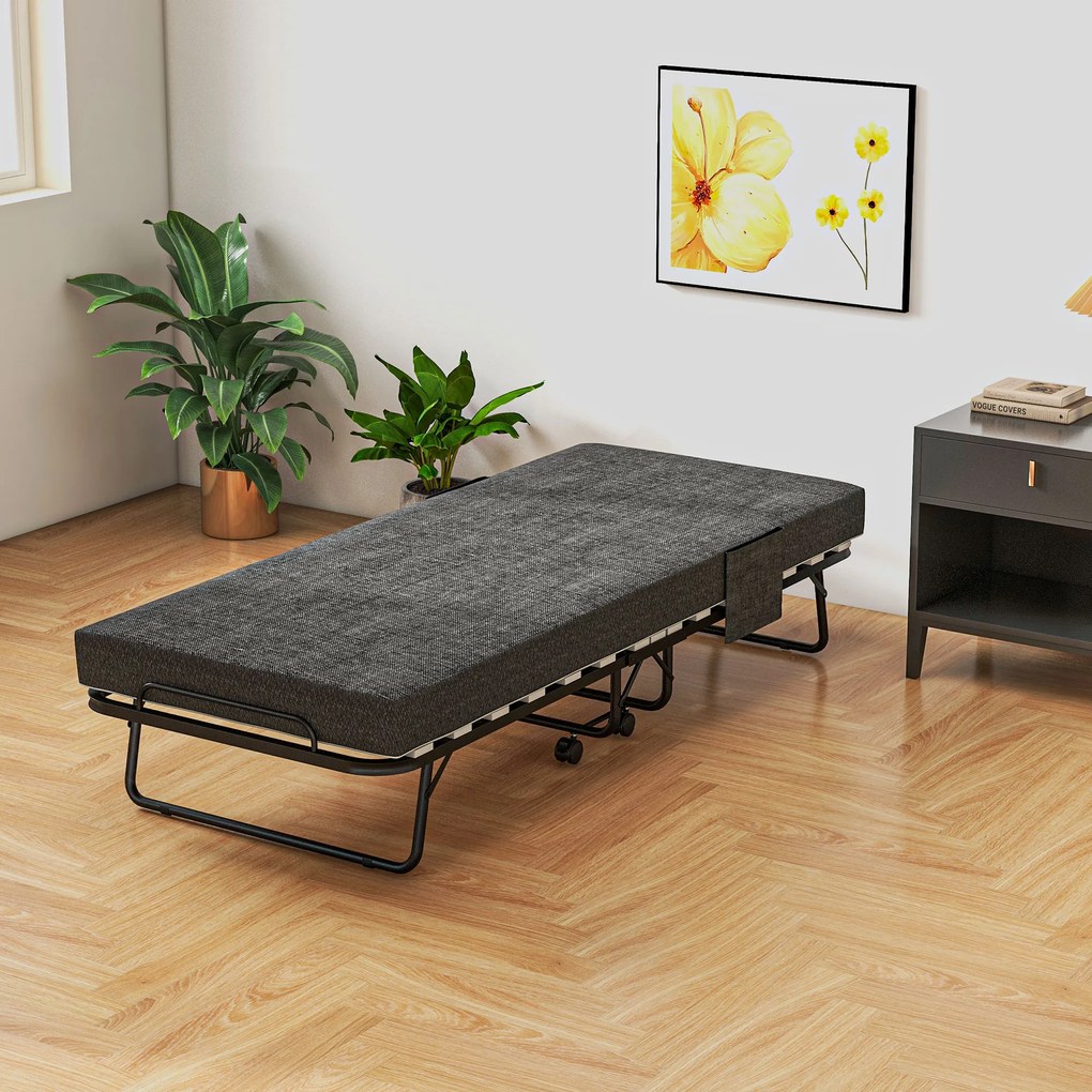 HOMCOM Łóżko Składane, Materac, 4 Koła, Stelaż Metalowy, do 150 kg, 190 x 80 x 42 cm, Ciemnoszary