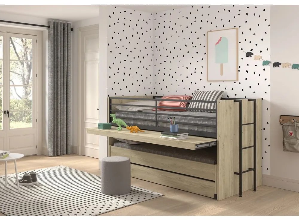 Piętrowe łóżko dziecięce z wysuwanym łóżkiem i stelażem 90x200 cm Sam – Vipack