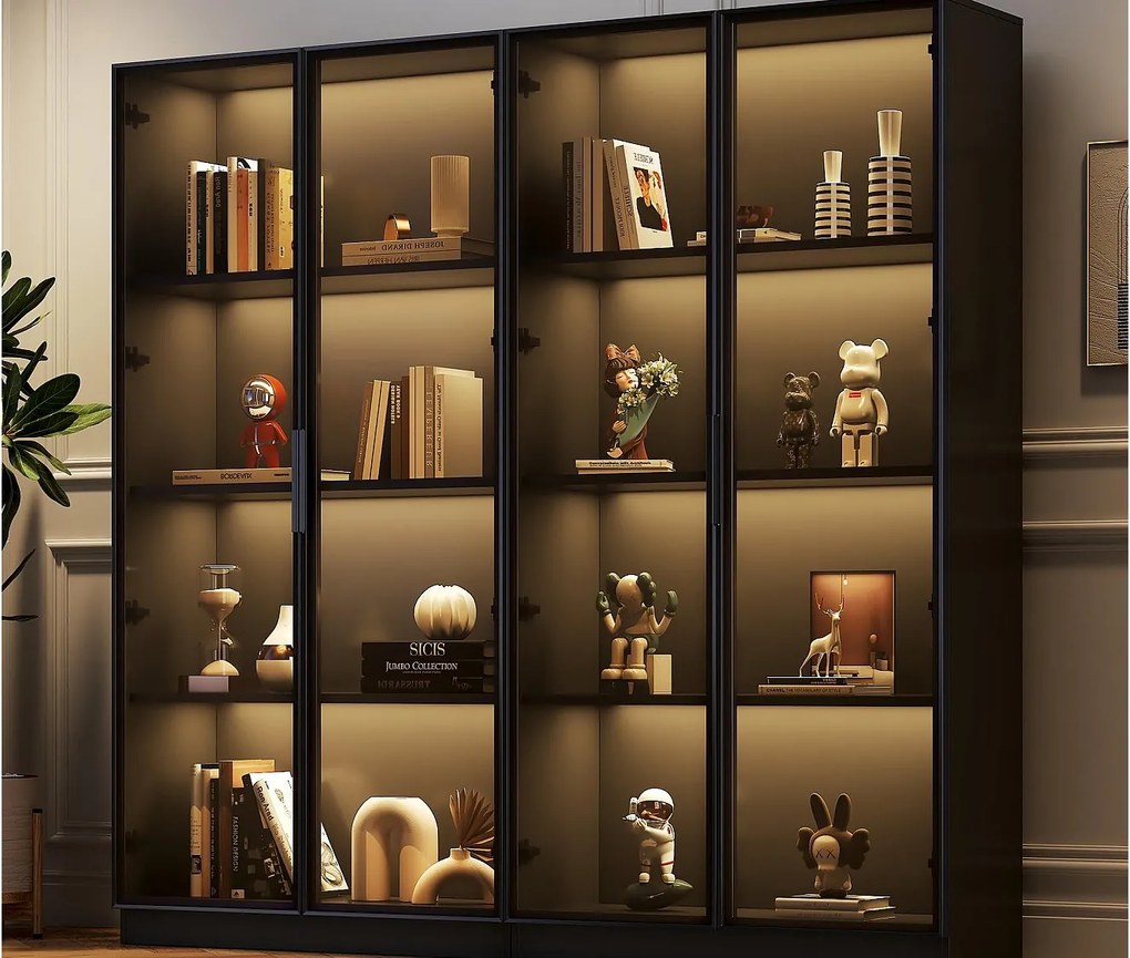 Witryna szklana 160x40x160 cm - z diodami LED - przechowywanie z 4 drzwiami z ruchomymi półkami - płyta wiórowa - czarny