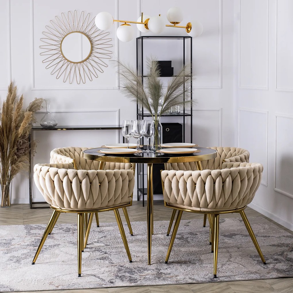 Krzesło Tapicerowane Plecione do Salonu CAPRI Kremowe Welurowe do Toaletki Nowoczesne Glamour