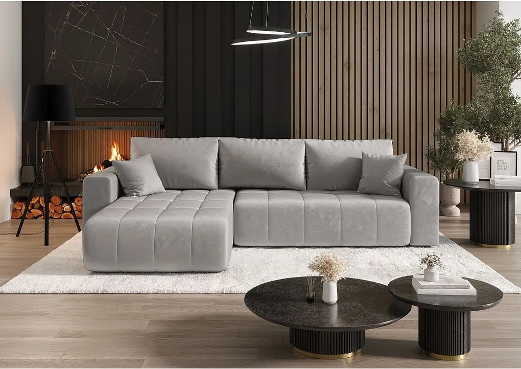 Narożnik z funkcją spania MILO Monolith 84 jasnoszary lewy sofa w kształcie L z pojemnikiem na pościel sofa do salonu, sofa rozkładana, sofa z pojemnikiem