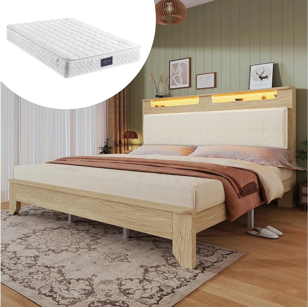 Łóżko podwójne z tapicerowanym oparciem - 140 x 200 cm - zagłówek ze schowkiem + diody LED - płyta MDF - beżowe (z materacem)