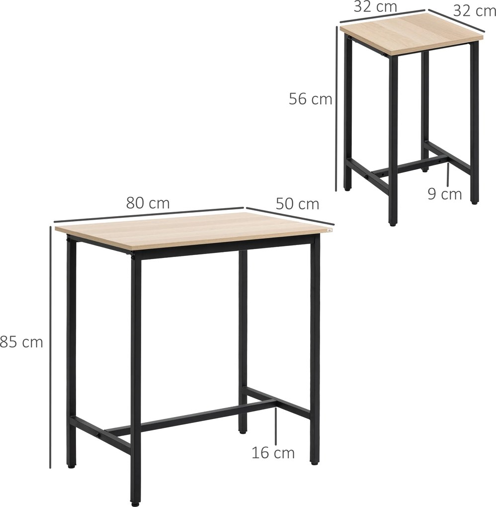 Zestaw barowy HOMCOM w stylu industrialnym, 3-częściowy, 1 stół, 2 hokery, Czarny + Naturalny