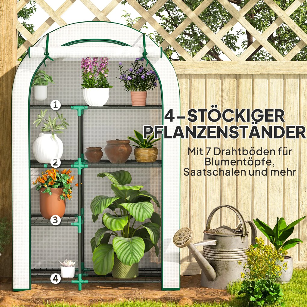 Outsunny Mini-szklarnia, 4-poziomowa szklarnia z folią plastikową, przenośna, z rolowanymi drzwiami, 100 x 45 x 160 cm, biała