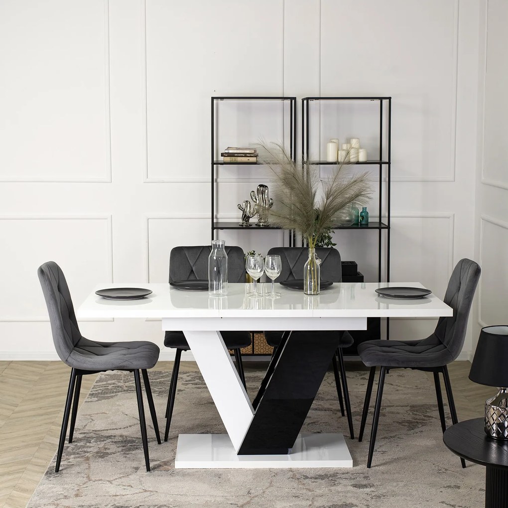 Zestaw Stół Prostokątny Rozkładany CLARK 120-160 cm Czarny/Biały Połysk i 4 Krzesła Tapicerowane do Salonu ROBIN Szare Welurowe