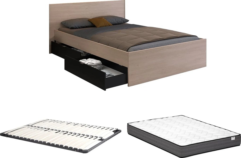 Łóżko z 4 szufladami 160 x 200 cm - Kolor: Naturalny i czarny + Stelaż + Materac - VELONA