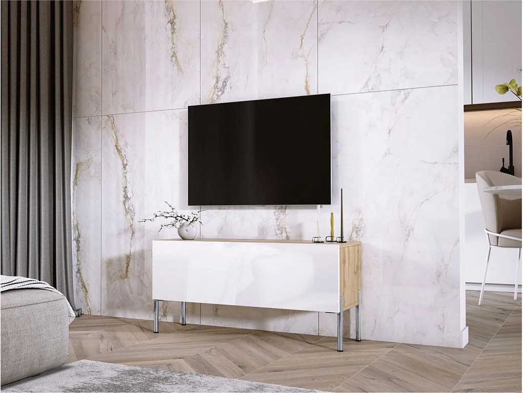 Szafka RTV Wotan Dąb / Biały Błyszczący, Nogi Chrom, 100 x 52 x 32 cm