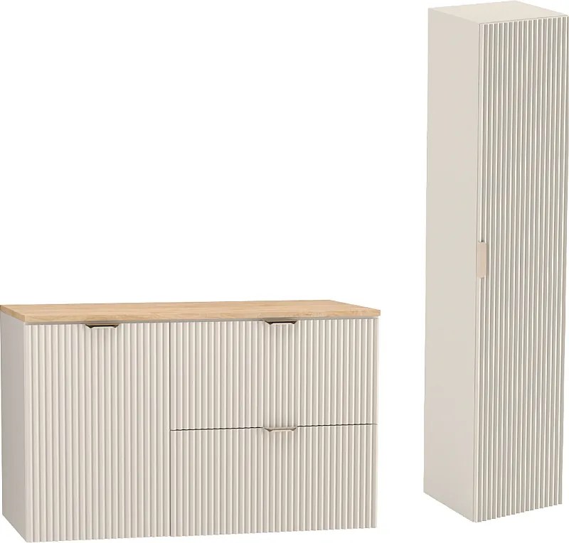 Kaszmirowy Zestaw do Łazienki 100cm Szafka Blat Orzech Szafka z Koszem Słupek Ryflowane Fronty